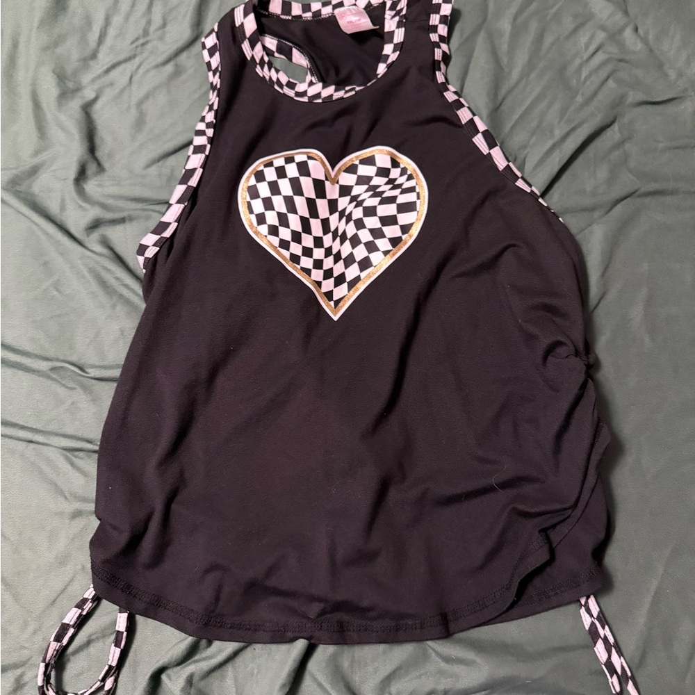 Black Tank Top with Checkered Heart Design